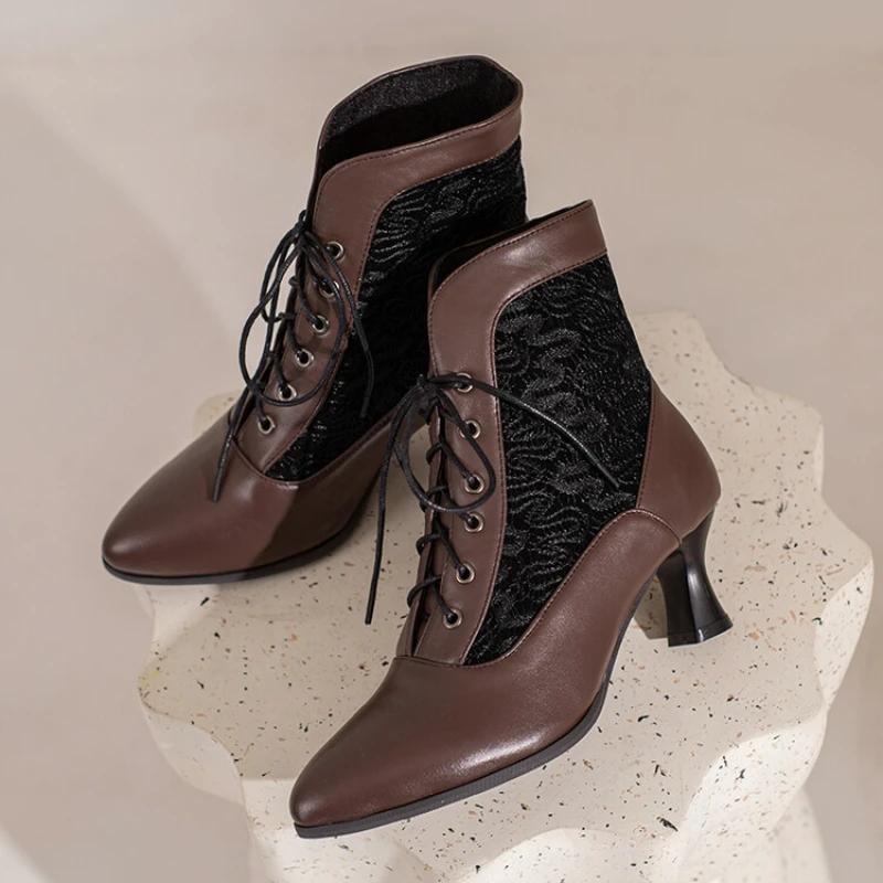 Women Victorian Ankle Boots Leather Lace Heel Shoes for Women  Fashion Lace Up Spliced Ladies High Heels Woman Boots Ankle 46