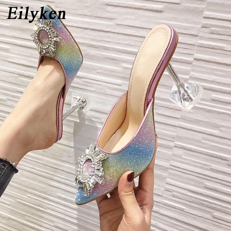 Fashion Eilyken Rhinestone Women Pumps Sandals Elegant Pointed Toe Bling Crystal Perspex Heeled Mule Stripper Shoes Zapatos Mujer