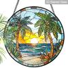 2D Flat Stained Glass Sun Coconut Tree Landscape Window Decoration, 6.3/7.87inches Colored Glass Plate with Chain, Charming Indoor/Outdoor Sea View