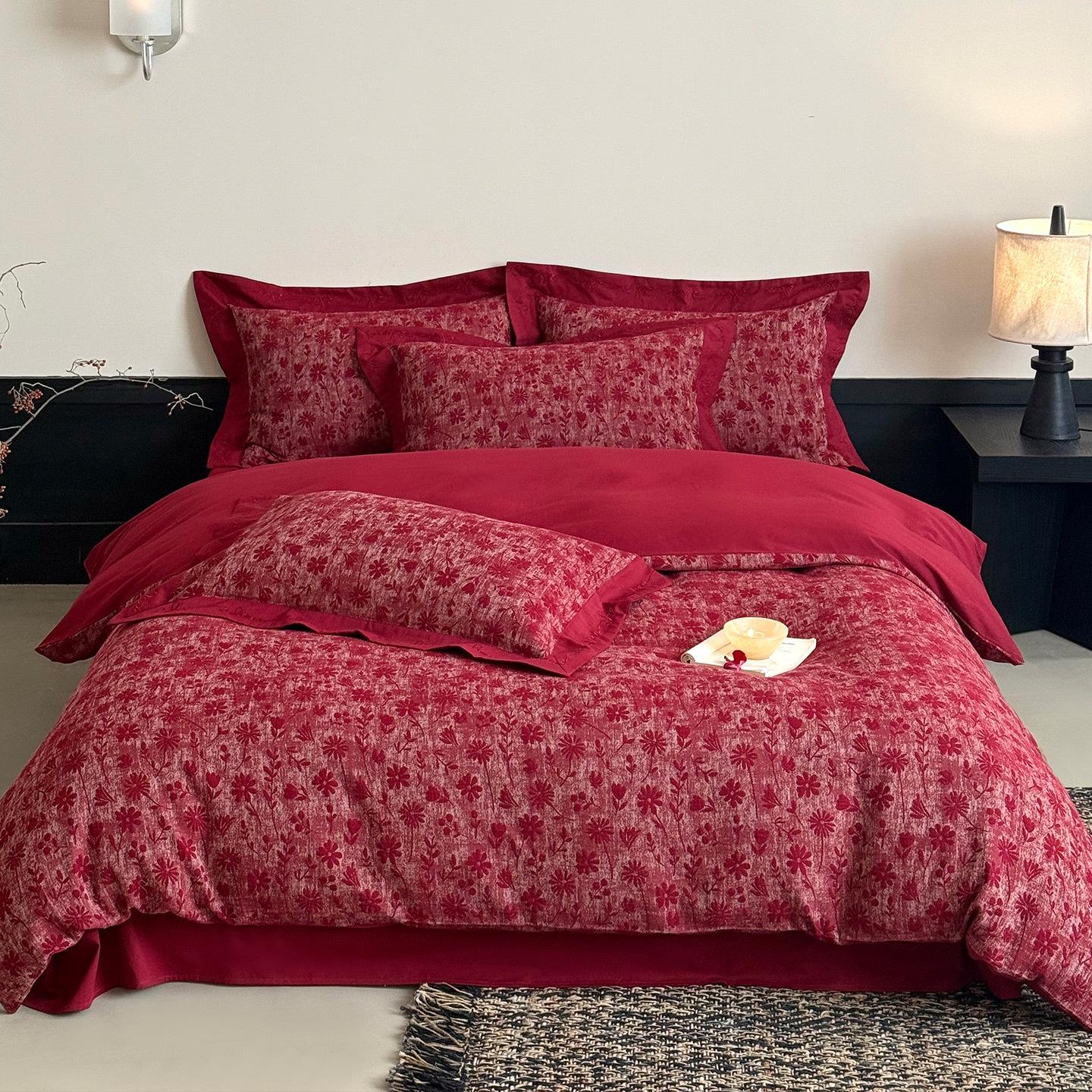 

Retro Red Jacquard Wedding Bed Sheet Set - Pure Cotton Duvet Cover, 4-Piece 1.5m bed (200*230 duvet)