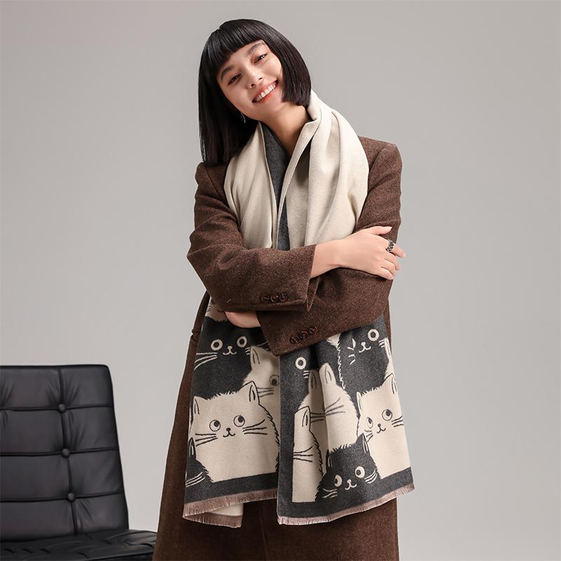 New Fashion Brand Cute Cat Ladies' Jacquard Pashmina Cashmere Scarf Winter Thick Warmth Shawl Coldproof Windproof Blanket Scarf