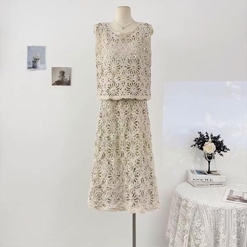 Luxury Sequin Hollow Knit Midi Skirt - Women's High-Waisted A-Line for Spring 2026