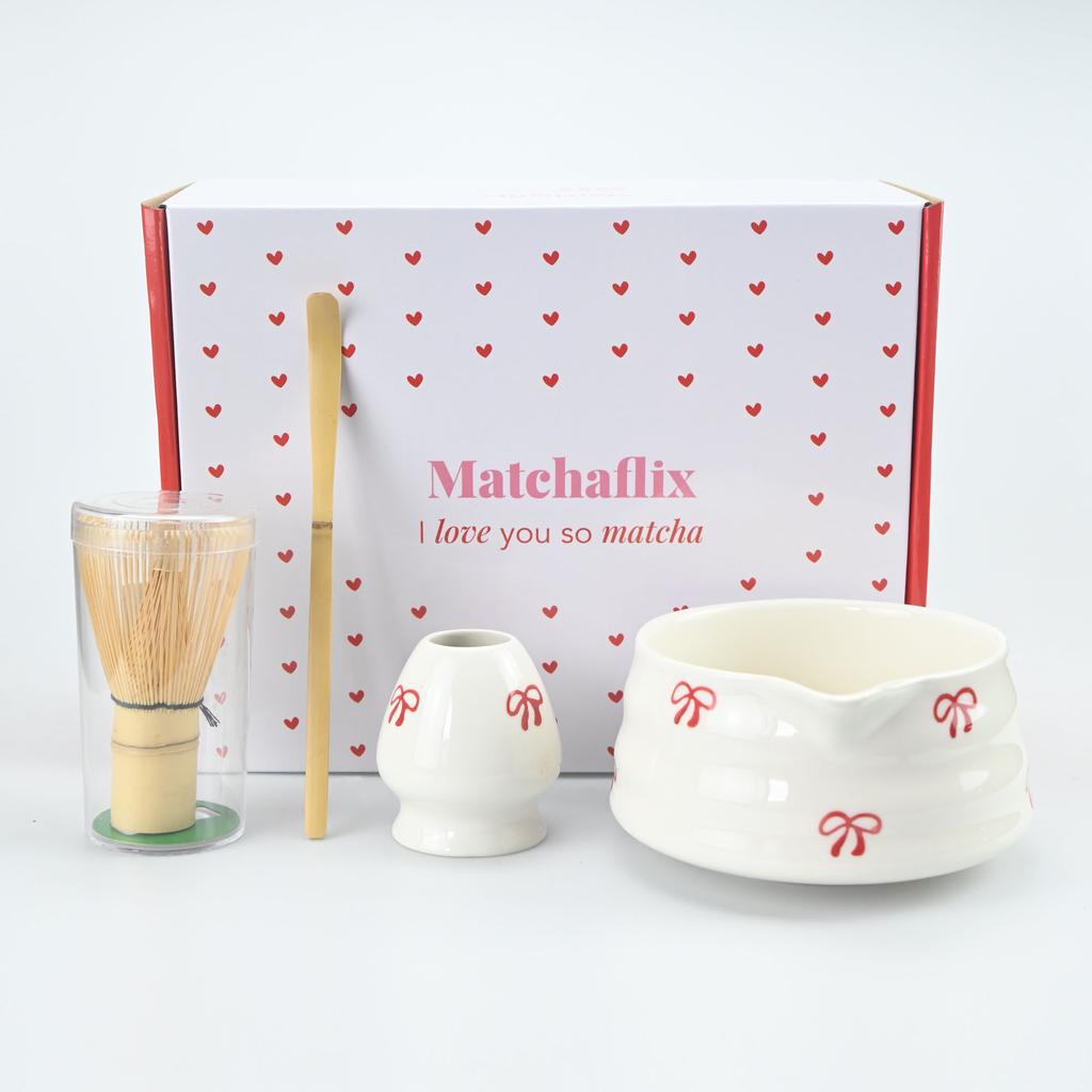 4pcs Matcha Whisk Set, Cute Bow Japanese Tea Set includes Whisk Sets and Matcha Bowl with Spout, Traditional Japanese Matcha