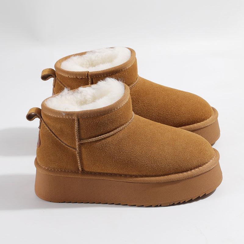 Leather wool snow boots women's thick-soled sheepskin fur integrated winter thickened warm non-slip short tube snow cotton