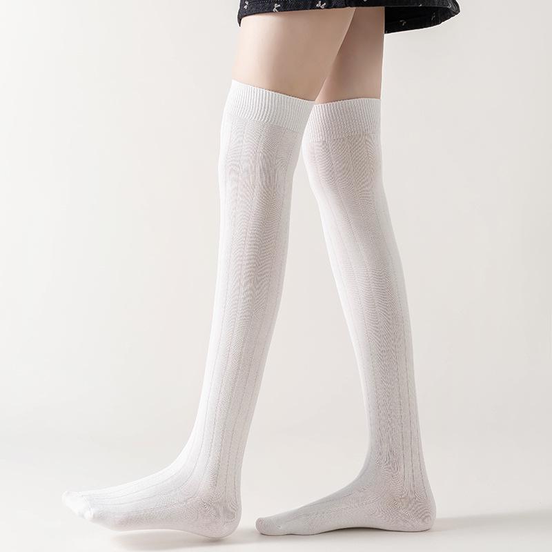 Japanese Style Anti-Pilling Striped Over-the-Knee White Socks - Breathable, Sweat-Absorbent Long Cotton for Women's Spring/Summer Fashion