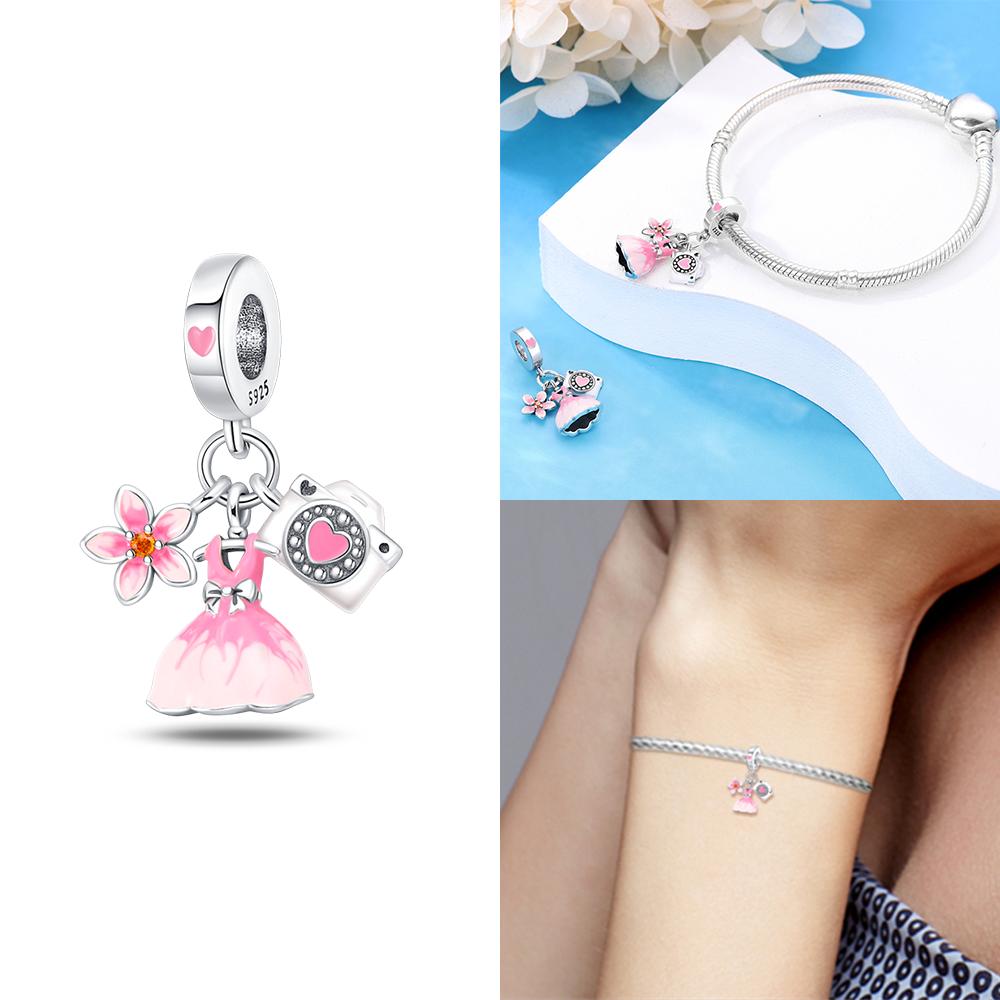 Original Pink Box Rocket Badminton Bike Beads Charms Fit Bracelet Copper Women Jewelry Necklace Diy Gift