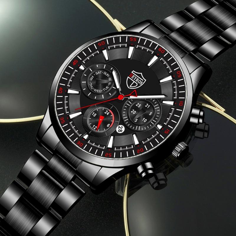 2PCS Set DEYROS Luxury Men's Watch Fashion Men's Calendar Watch Casual Men's Stainless Steel Strap Quartz Watch&Bracelet