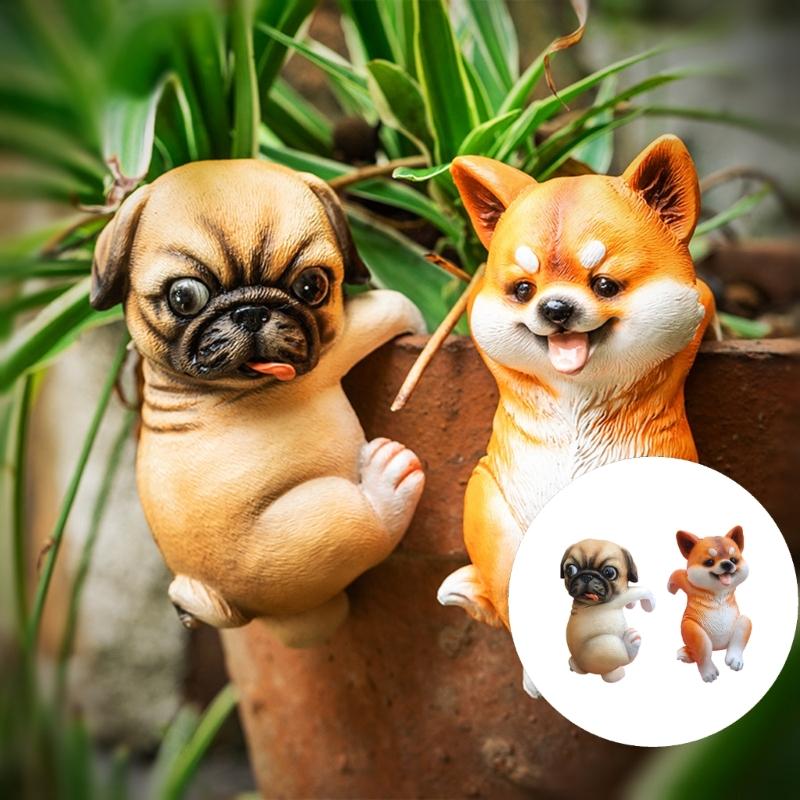 Mini Dog Statue Miniature Dogs Figurine Plant Pot Hanger,Climbings Dog Sculpture Garden Decors for Bonsais Ornament