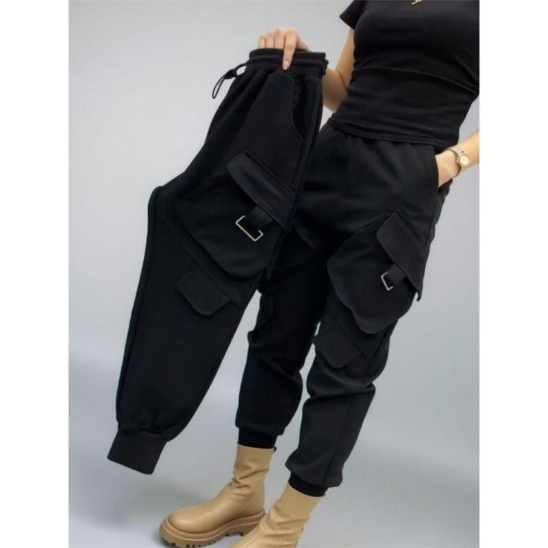 

K-стиль Утолщенные Свободные Зауженные Брюки-морковь Спортивные Комбинезоны Black Big Pocket Cargo Pants 2XL(128-138)