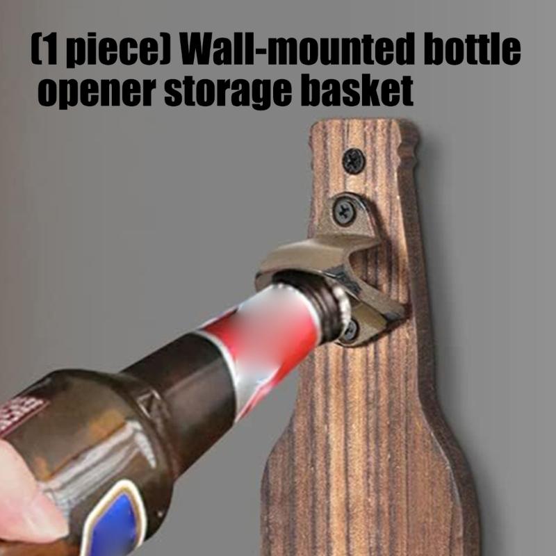 Wall Mounted Beverage Opener With Storage Basket For beverages And Beer Wooden Kitchen Accessory