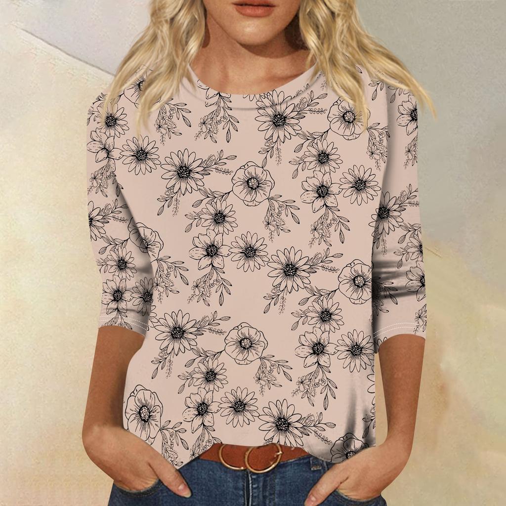 Women's Casual Round Neck Three Quarter Sleeve Floral Print Top Lightweight Soft Fabric Comfortable Fit