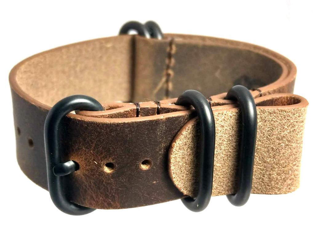 [time+] 24mm 5-ring NATO ZULU Leather Genuine Leather Military Watch Strap Vintage Brown PVD