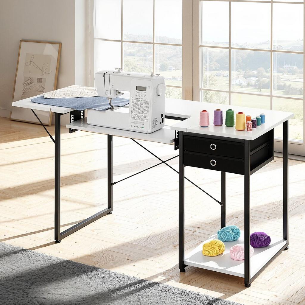 Sewing Table, Multipurpose Sewing Machine Table with Drawers, Foldable Side Shelf, Adjustable Shelf, Steel Legs, Computer Desk for Home, Fashion