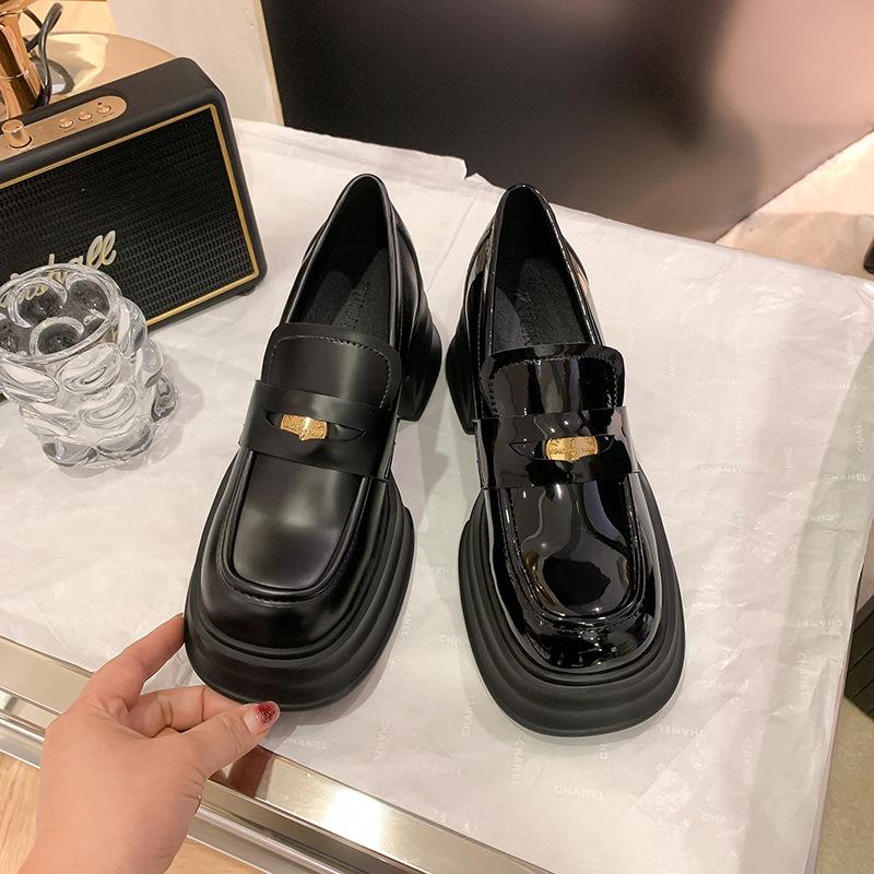 Gold coin platform loafers women's 2025 new spring muffin heightening British style single shoes leather high heels small leather shoes
