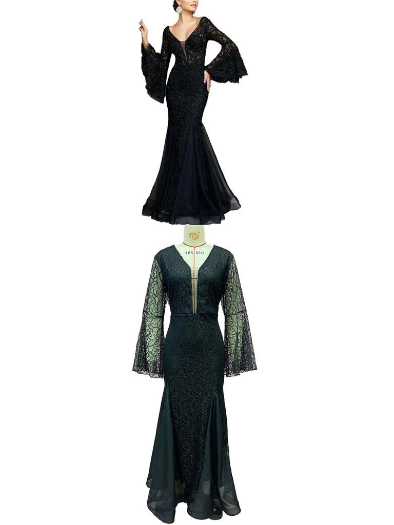 Elegant Black Fishtail Lace Evening Gown for Women