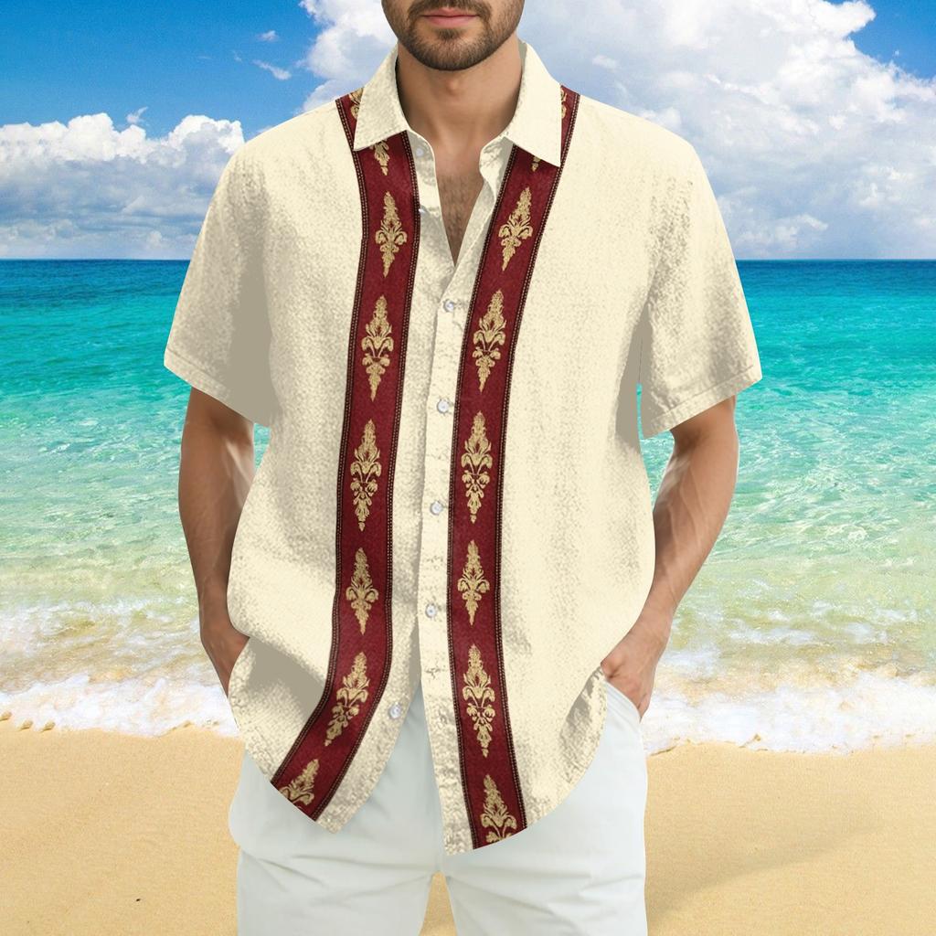 Men's Fashionable Casual Loose Striped Printed Beach Short-sleeved Shirt