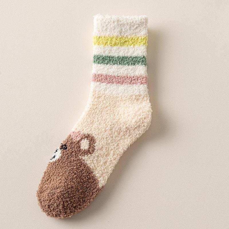 Coral fleece autumn and winter socks women's fleece thickened cartoon bear medium tube socks warm and comfortable home sleeping floor socks