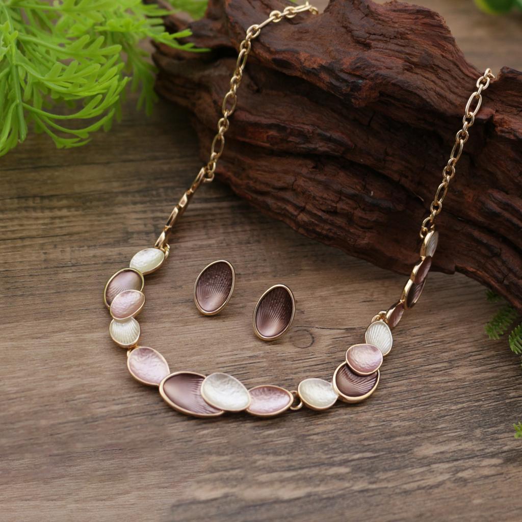 New Color Painting Oil Oval Petal Stud Earrings Necklace Set Women's Versatile Flower Stud Earrings Necklace Set