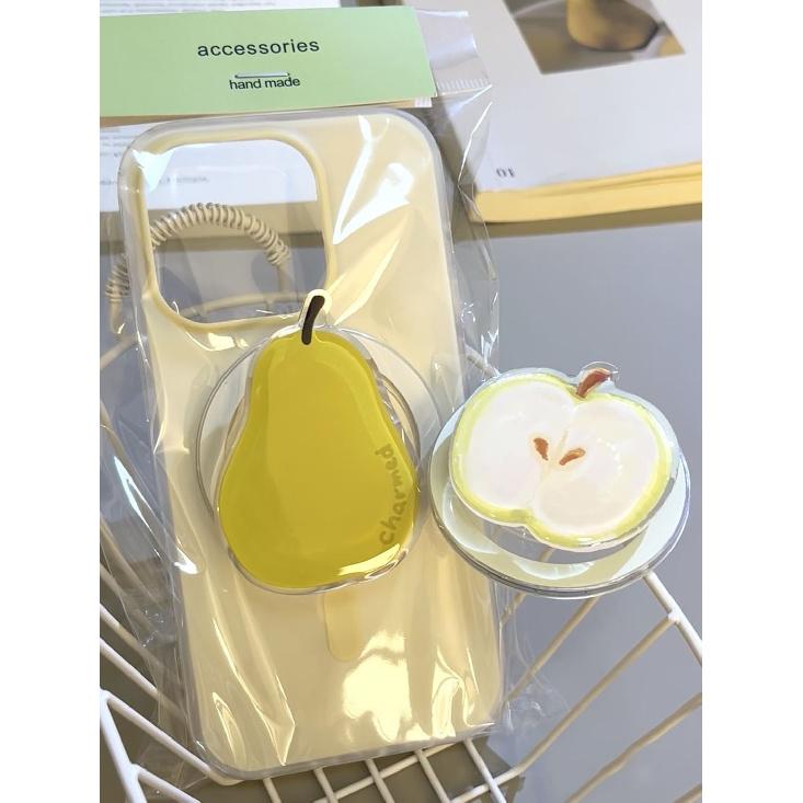 Magnetic Holder Phone Case for Apple iPhone 16 ProMax- Creamy Yellow Green Apple Pear Stand Silicone Phone Cover for iPhone