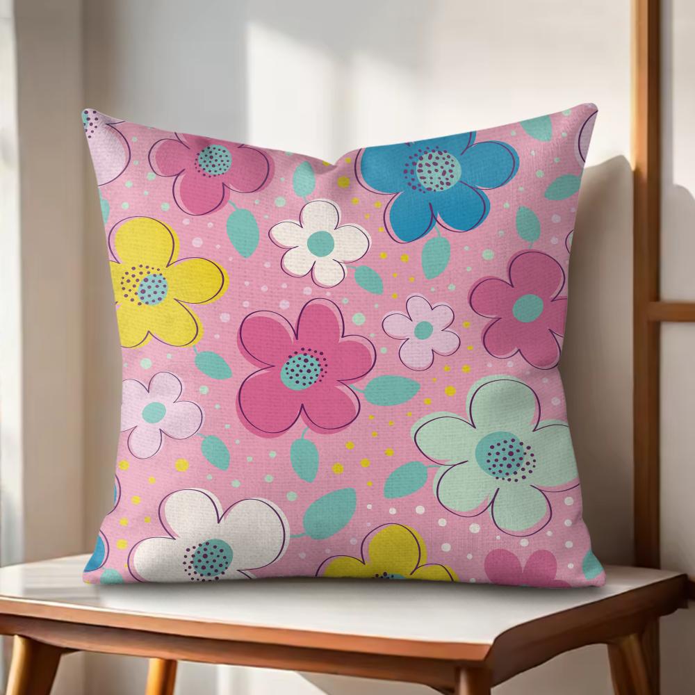 Colorful Flowers Cushion Cover Natural Linen Organic Fabric DoubleSided Printing Couch Pillow Covers Home Decor