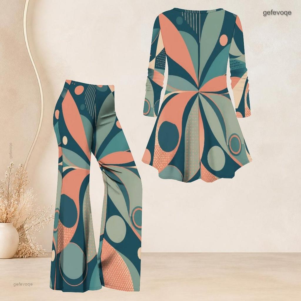 Women Plus Size Round Neck Three Quarter Sleeve Printed Flared Top And Flared Pants Two Piece Set