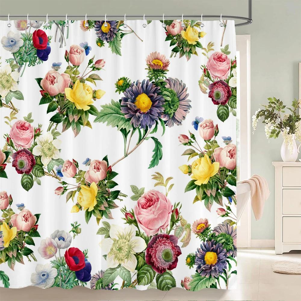 

3D Flower And Leaf Printed Nordic Style Shower Curtain With Hooks Waterproof Fabric Home Decoration Bathroom Curtains W60H190(CM)-1 Pcs