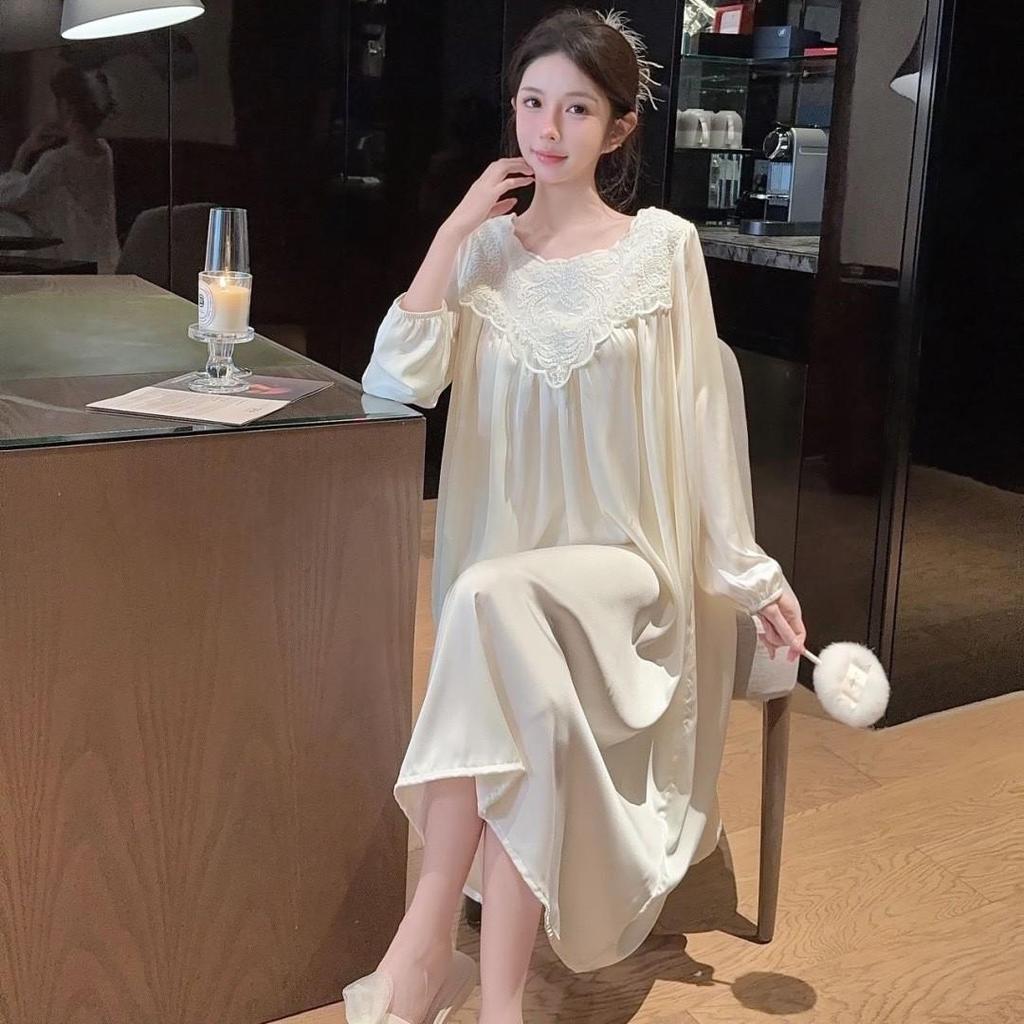 Women's Sexy Lace Nightgown - Long Sleeve Ice Silk Pajamas with Beautiful Back, French Style for Spring and Autumn