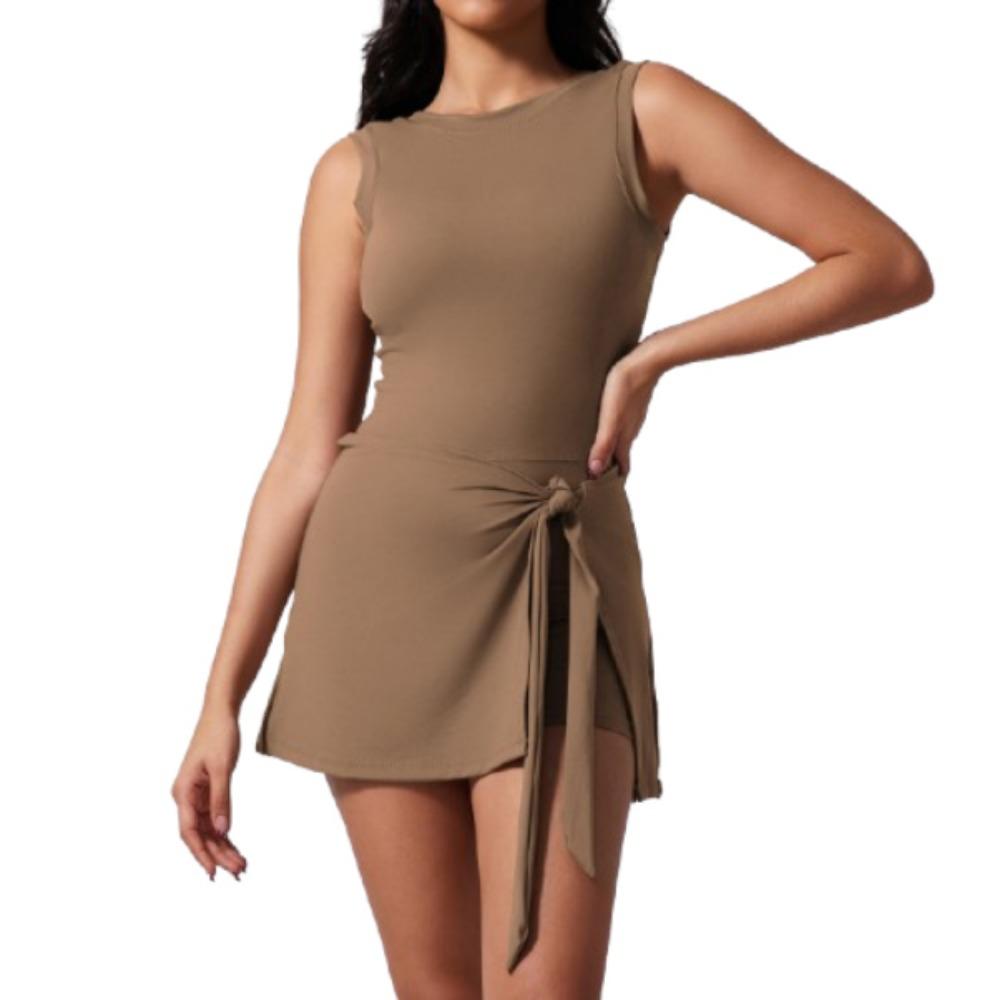 Sleeveless Fake Two Pieces Sport Dress U-Back Workout Romper Dress  Fitness Clothes