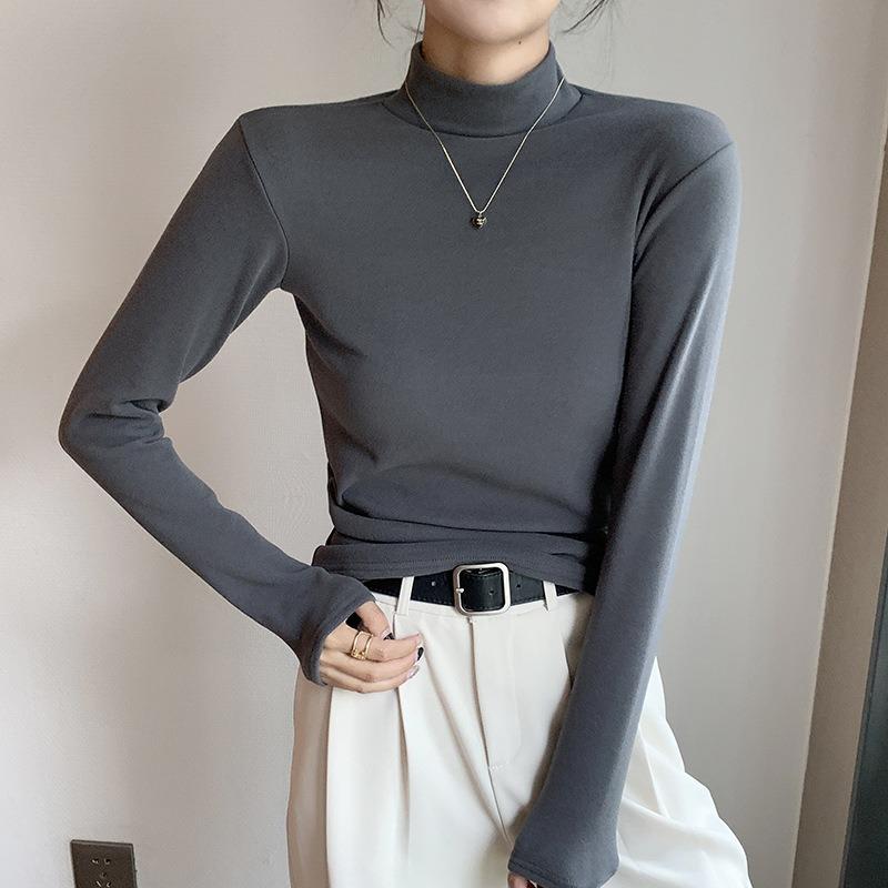 Women Half High Neck Solid Thickened Warm Fleece Lined Long Sleeve Bottoming Top