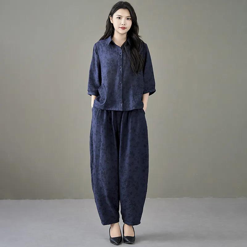 

Женские летние свободные костюмы-двойки с принтом: Цветочные наряды с футболками с круглым вырезом и винтажными брюками Y2k M темно-синий