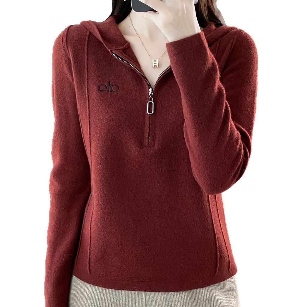 Women's 2025 Autumn/Winter 100% Wool Hooded Color Block Half-Zip Sweater