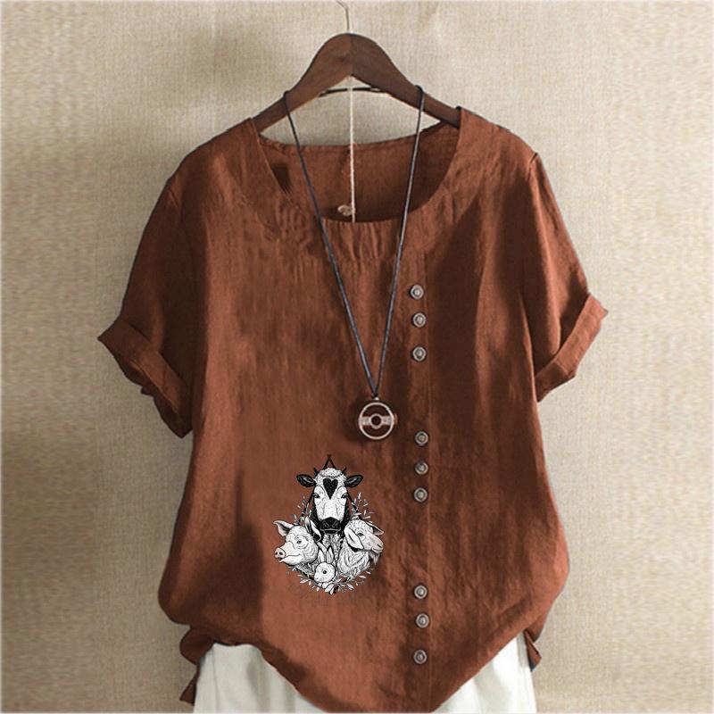 Women's Fashion Animals Prined Short Sleeve T-shirt Loose Cotton Shirt Casual Loose Summer Blouse Tops Plus Size