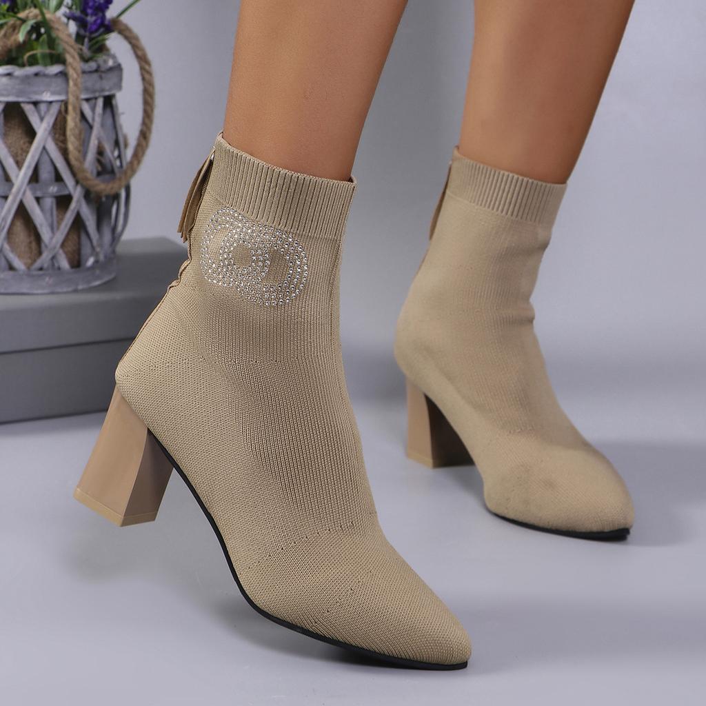 Large size pointed fashion short boots women's 2025 spring and autumn new knitted high heels women's boots thick heel thin elastic boots women