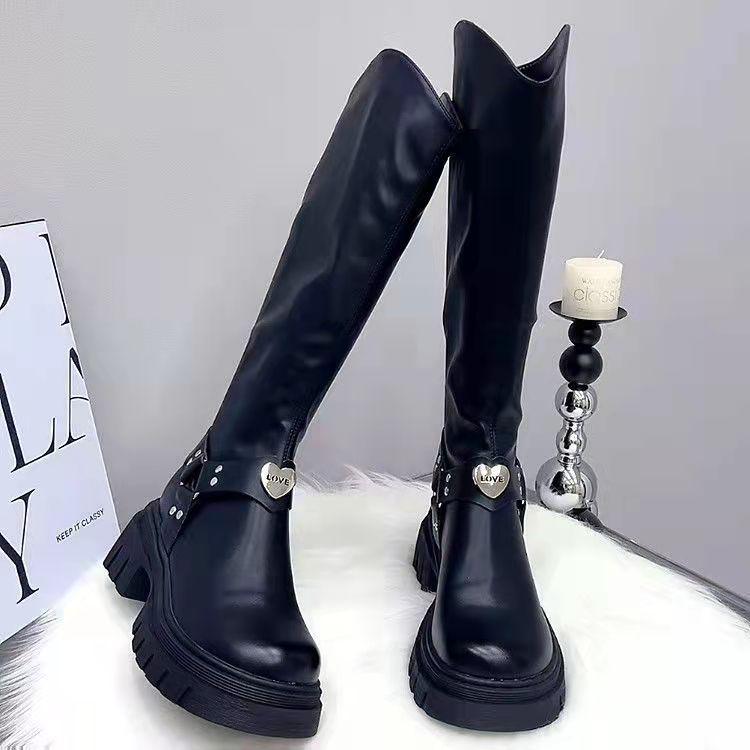 European Station Fleece-Lined Chunky Heel Cotton Knight Boots for Women – Autumn/Winter Korean British Style Slimming High Boots