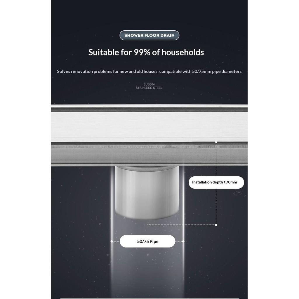 304 Stainless Steel Invisible Floor Drain Rectangular Shower Drain High Flow Hidden Grate Bathroom Drainage System
