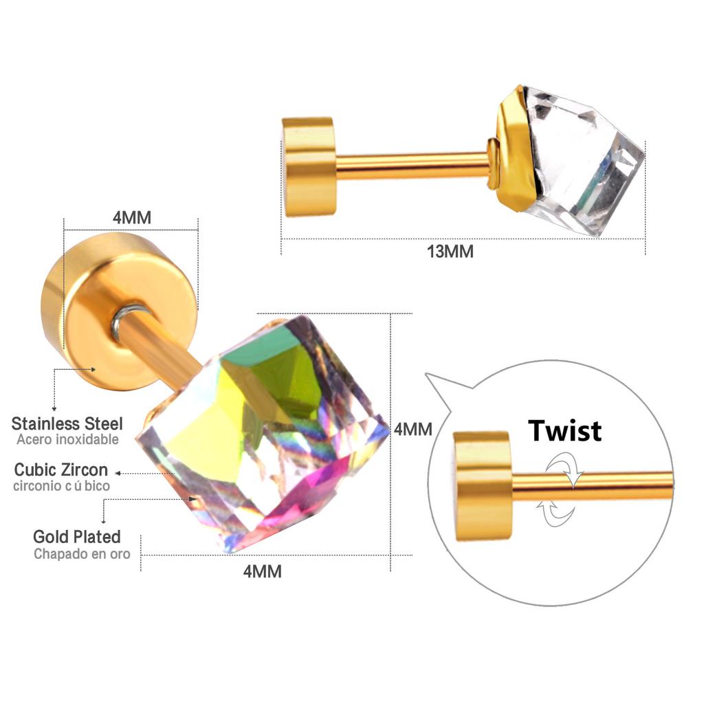 Accessories Colorful Square Diamond Screw Plug Earrings Simple Geometric Colored Diamond Pat Plug Earrings Stainless Steel Earrings