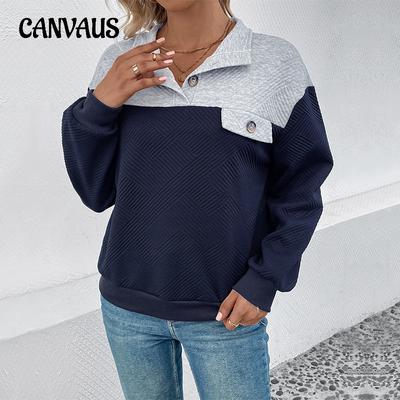 Moletom feminino de primavera e outono com lapela, moda, colisão de cores, confortável, casual, com blocos de cores, manga comprida, top