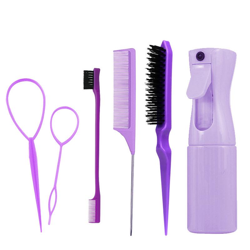 6pcs/Set Comb Brush Set Hairdressing Spray Bottle Hair Braiding Loop Pointed Rat Tail Comb Edge Fixed Mouse Control Brush