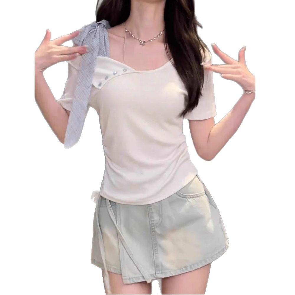 French fashion strap irregular design short-sleeved t-shirt women's summer off-shoulder niche slim-fit short top