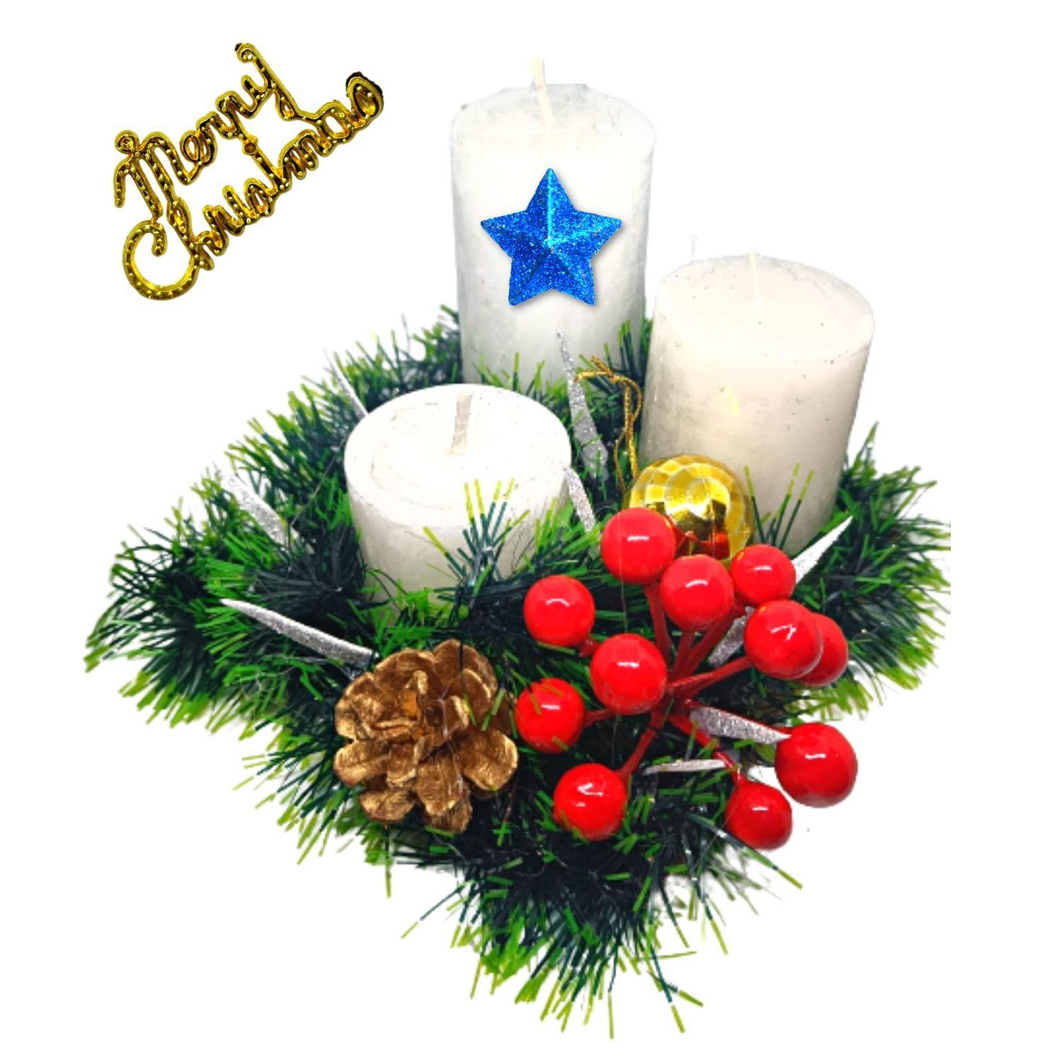 

Decorative Candles 1 Set of 3 Wax Pillars Design Round Merry Christmas Candles with Decoration Items