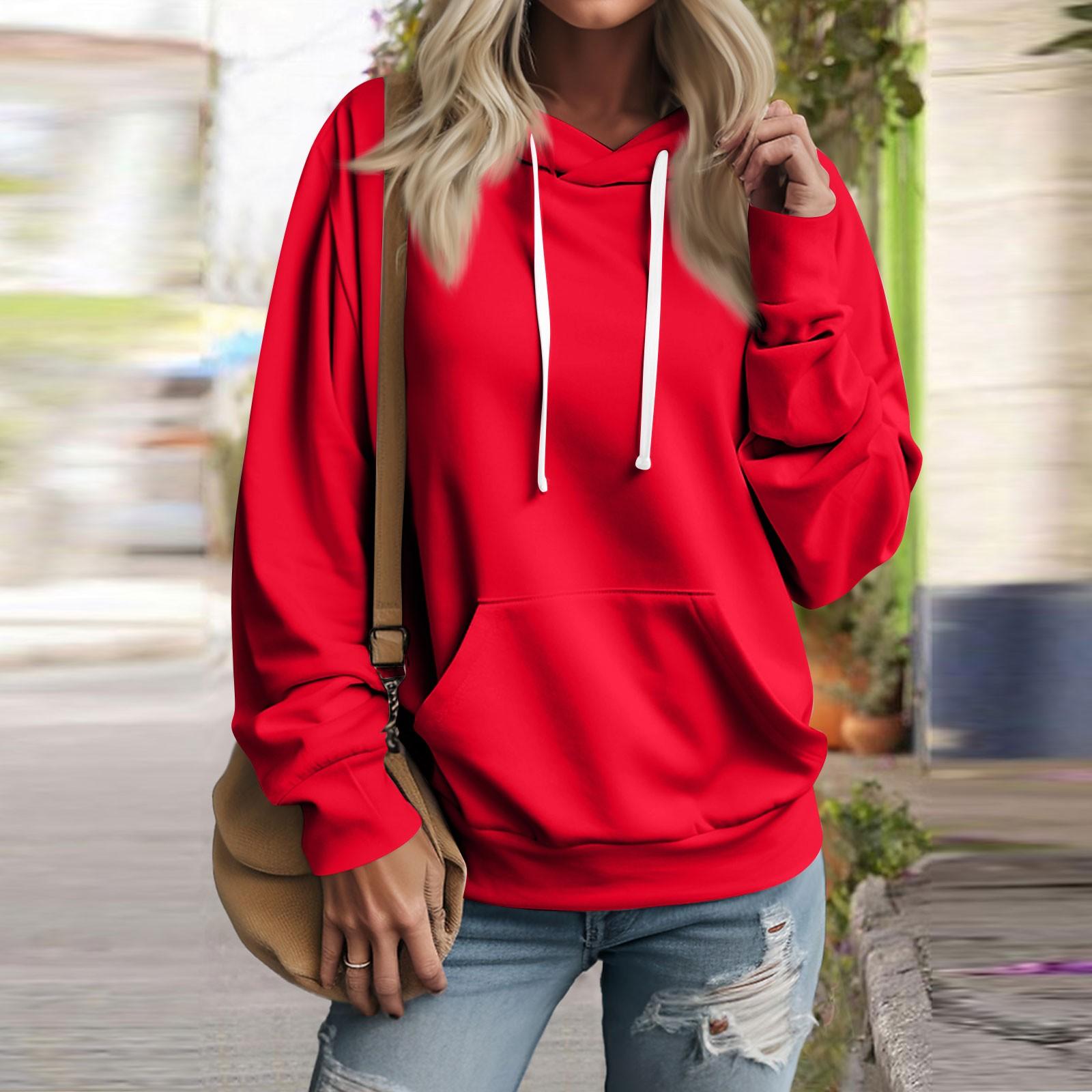 

Women s And Winter Solid Color Pullover Hooded Drawstring Sweatshirt Long Sleeve Fashion Sweatshirt M червоний