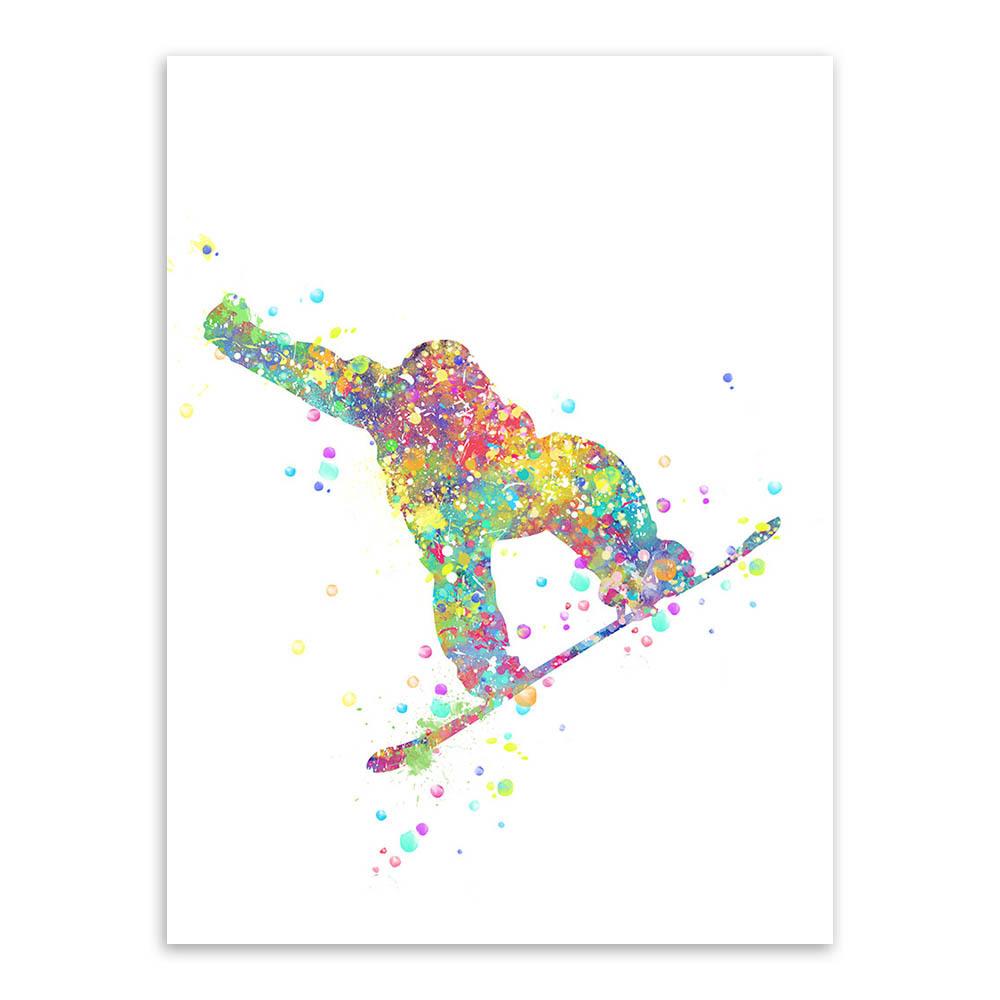 Watercolor Canvas Painting Skiing Sports Modern Minimalist Boy Bedroom Decorational Picture Canvas Wall Art Home Decor