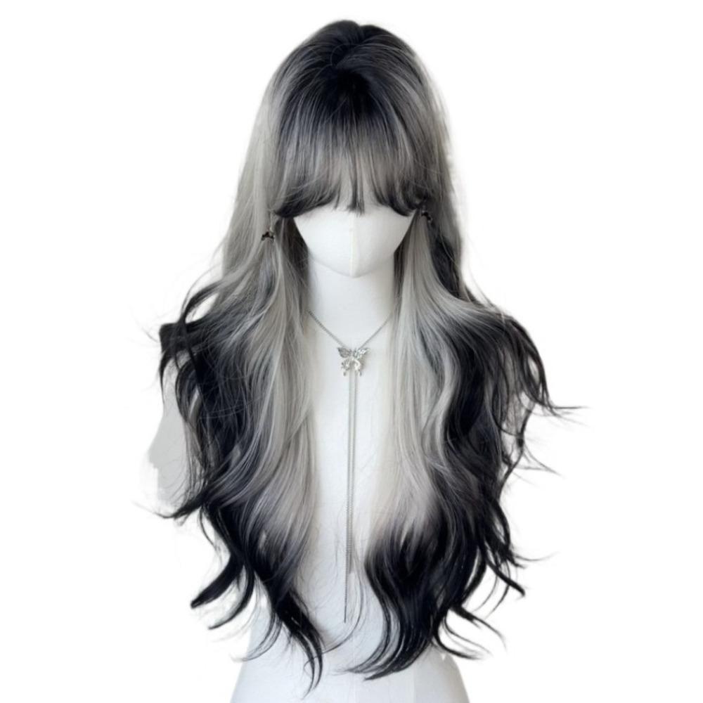 Halloween Long Body Wave Wigs Air Bangs Lolita Cosplay Wigs Black and Gray Gradient Wigs for Women