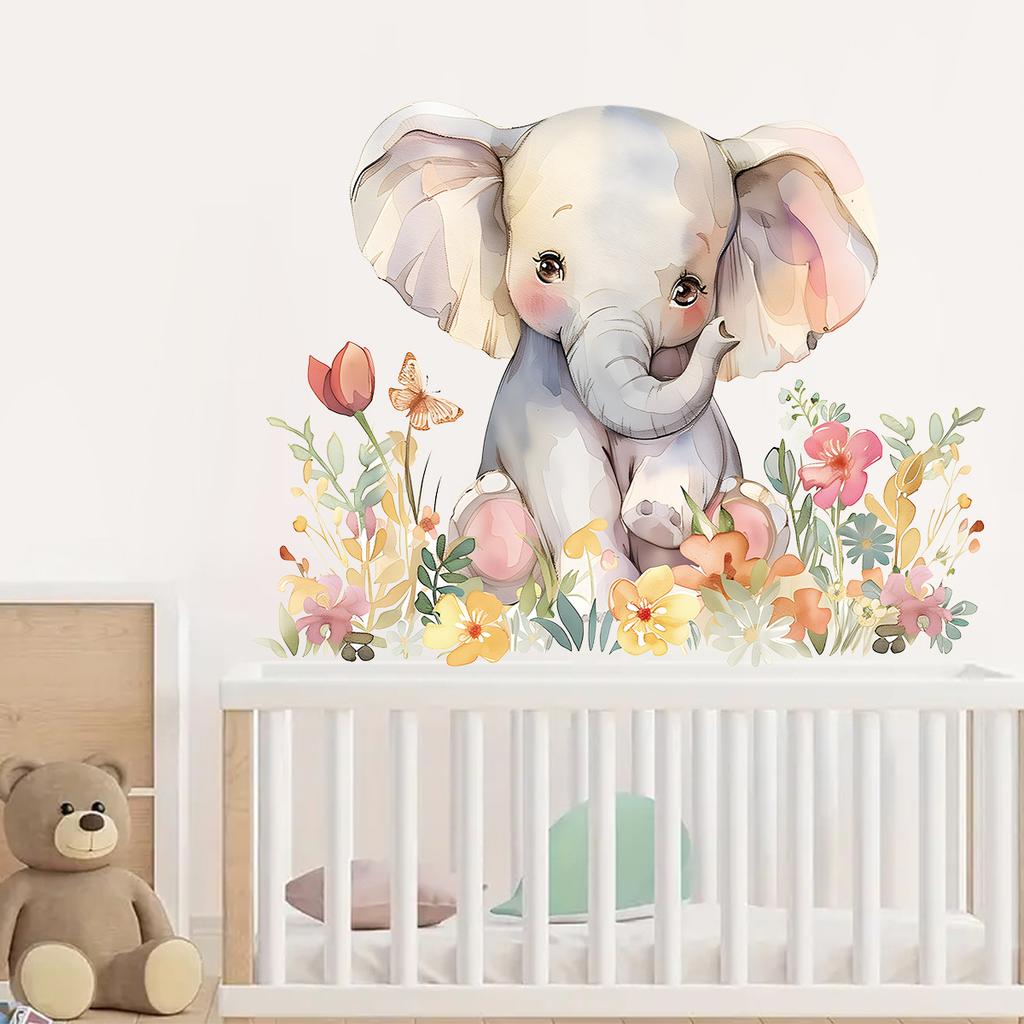 Cute Watercolor Baby Elephant with Flowers Wall Stickers, Ins Style Self-Adhesive Decor for Kids Room Wall Decoration