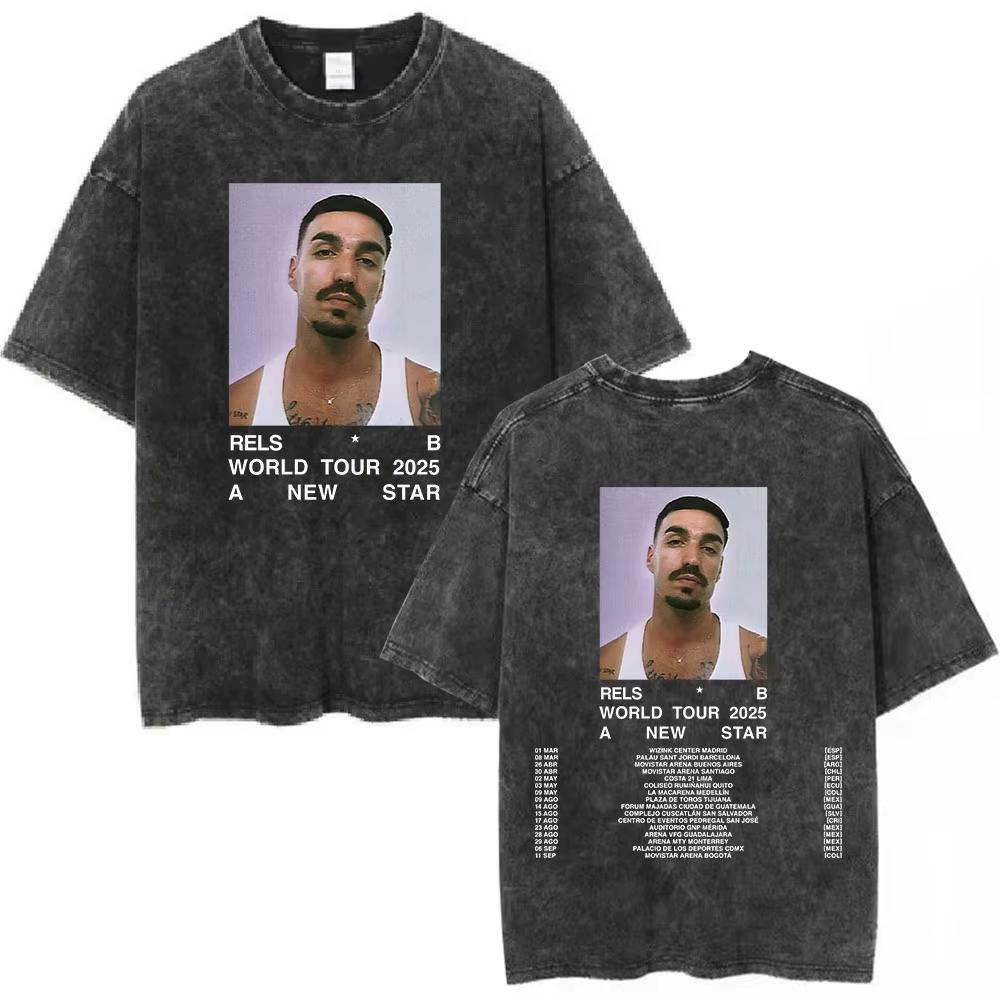 Washed Vintage Rapper Rels B World Tour 2025 A New Star T-shirts Hip Hop Oversized Short Sleeve Retro T Shirts Streetwear Unisex