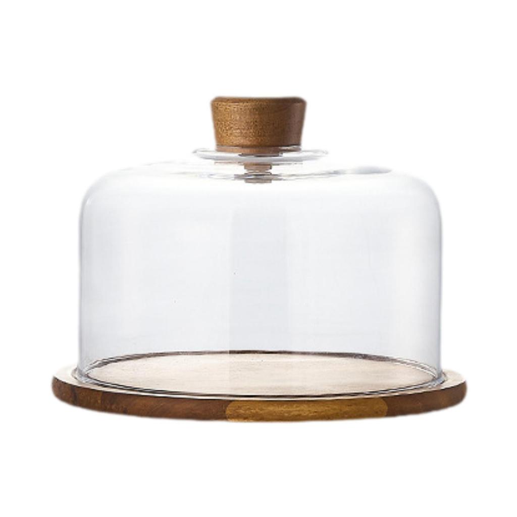 Cake Display Server Tablet Stand with Dome Plate Glass Dessert Wood Serving Shell for