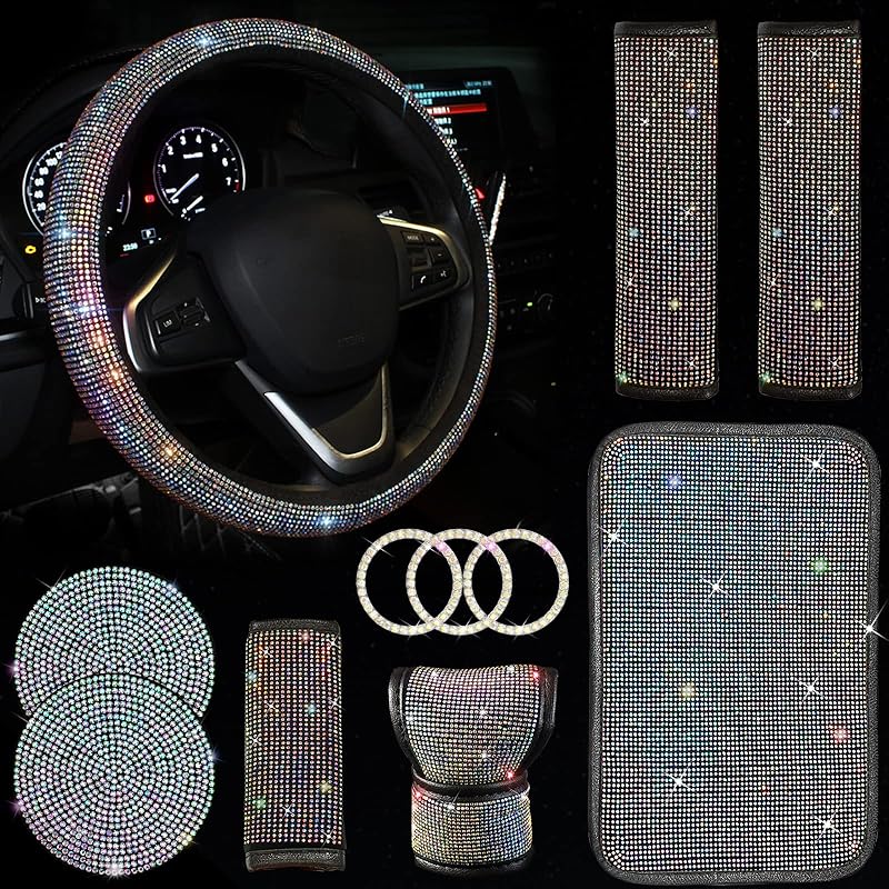 11 Pcs Bling Car Accessories Set,Bling Car Accessories Set For Women,Steering Wheel Cover For Women Universal Fit 15 Inch,Rhinestone Center Console