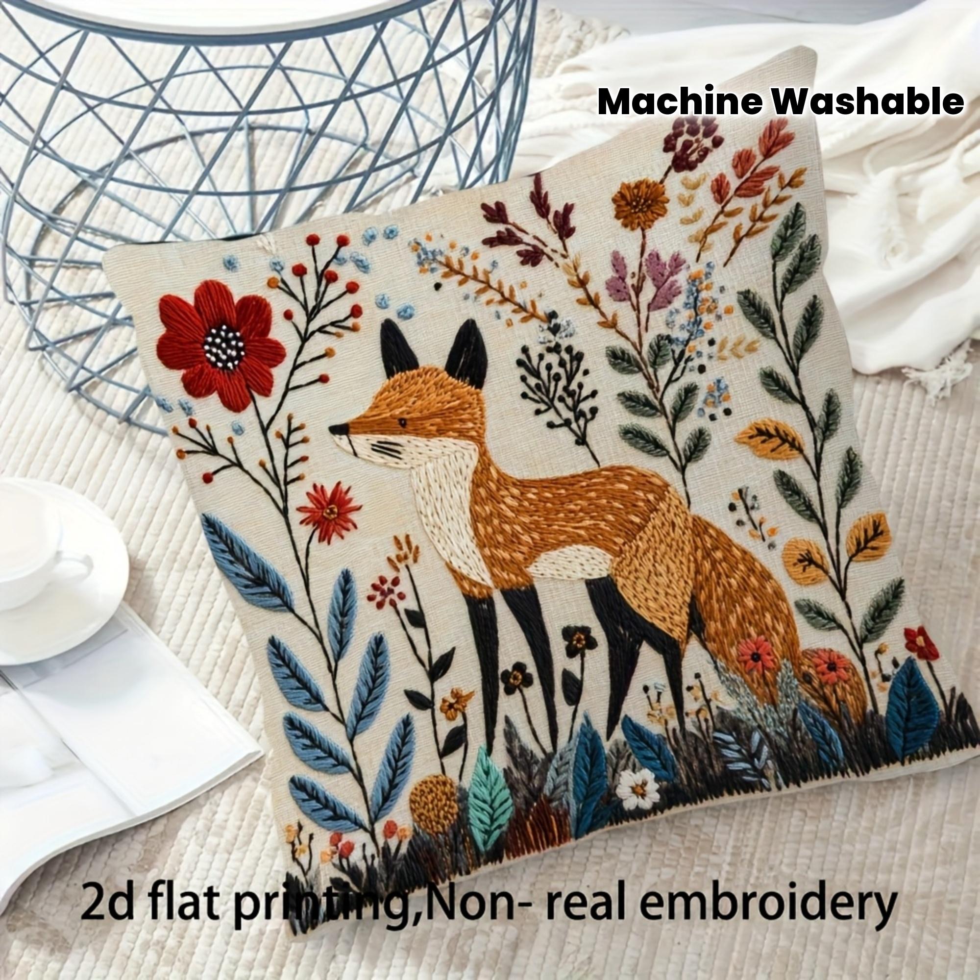 Exquisite Ornaments Unisex Woodland Fox Floral Pillow Cover 2D Embroidered Print Boho Wildflower Cushion Case For Sofa Bed Couch Cottage Home Decor Gifts