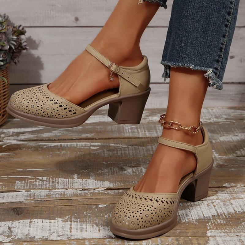 Fashion Genuine Leather Women Sandals Soft Comfort Summer Shoes Thick Heels Non-slip Women Shoes 2025 Hollow Sandals Large Size