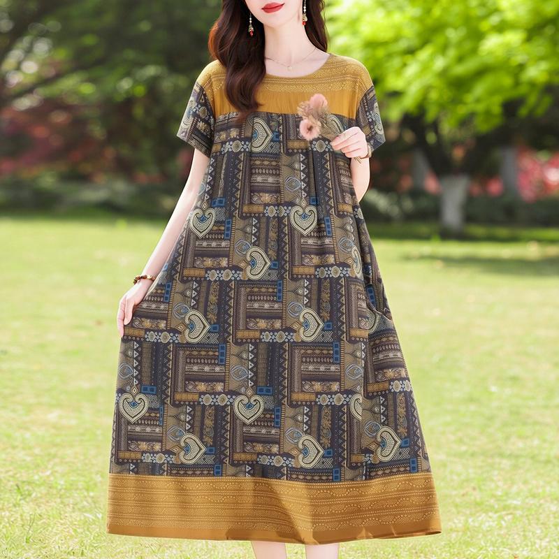 Μεγάλο μέγεθος Φαρδύ Vintage Print Μακρύ Φόρεμα για Γυναικεία Casual κοντομάνικα καλοκαιρινά γυναικεία φορέματα